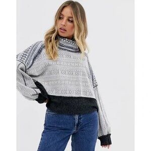 NEW Free People At The Lodge Pullover Top Size XS Grey Frost Combo Fair Isle Ski